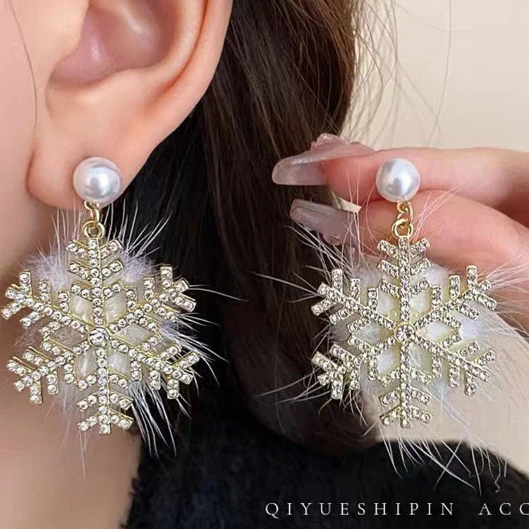 Christmas Snowflake Earrings Women's Full Diamond Pearl Plush Earrings - Almaraa Store